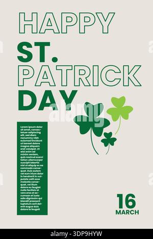 Simple St Patricks Day poster with clean layout, clover icons, and minimal festive details Stock Vector