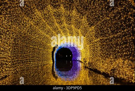 Aerial view of Nasatta Light Festival in Thailand. Glowing yellow lights form intricate patterns on the ground. Stock Photo
