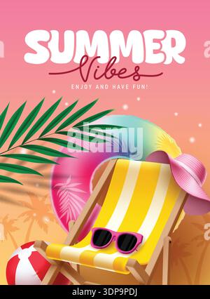 Summer Vibes clipart poster design. Summer vibes text in pink tropical palm trees background with summer elements like beach chair, floaters, hat Stock Vector