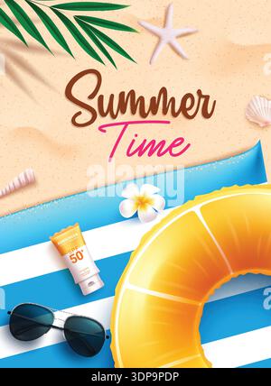 Summer Time text clipart poster design. Summer Time poster template in sand beach background clip art with towel, floater, sunglasses, seashells Stock Vector