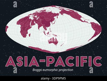 Asia-Pacific. World map. Boggs eumorphic projection centered on Asia-Pacific. Pale Mint and Dark Pink palette. Vintage texture. Stock Vector