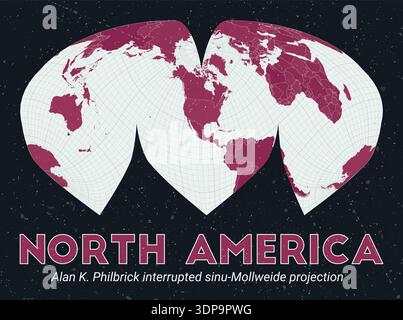 North America. World map. Alan K. Philbrick interrupted sinu-Mollweide projection centered to North America. Pale Mint Dark Pink palette. Stock Vector