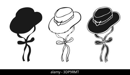 Cowgirl or Cowboy hat illustration hand drawn doodle linear, silhouette set. Vintage American traditional western bandit, sheriff, cowgirl hats. Retro Wild West mood, western rodeo country fashion Stock Vector