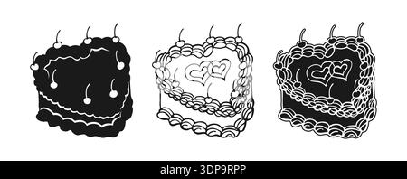 Cake hand drawn sketch in doodle linear, silhouette and engraving style set. Cake for wedding or birthday, valentines day. Vintage heart shaped whimsical symbol of party celebration cake with cherries Stock Vector