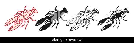 Lobster set vector illustration hand drawn outline style. Vintage engraving, grunge line art and black silhouette crayfish seafood character, vintage fish artwork mood, clean lines, marine life theme Stock Vector