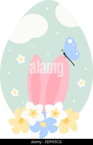 Bunny ears with butterfly on it peek out from behind flowers on a decorative egg-shaped background. Isolated Vector illustration Sticker Easter Related content or Greeting Cards, leaflets, media post Stock Vector