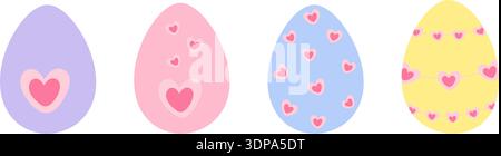 Multicolor Easter Eggs with various Heart Shape Design in trendy Pallet Minimalistic Flat design Set. Isolated Vector illustration Easter Holiday Themed Card Party Invite Banner, leaflet Sticker Icon Stock Vector