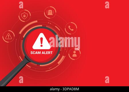 Magnifying glass scanning scam alert symbol, representing fraud detection, cybersecurity monitoring and online threat analysis. Stock Vector