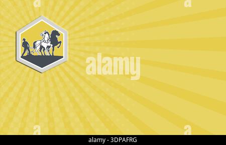 Business card illustration of farmer and horse plowing farm field ...