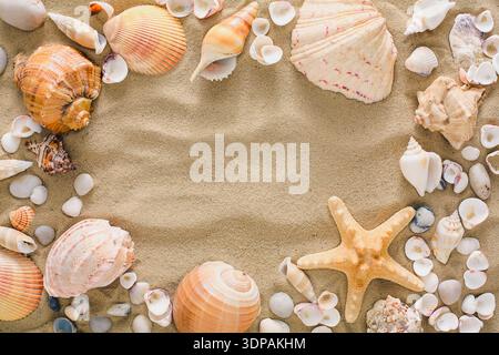 Seashells and pebbles background, natural seashore stones Stock Photo