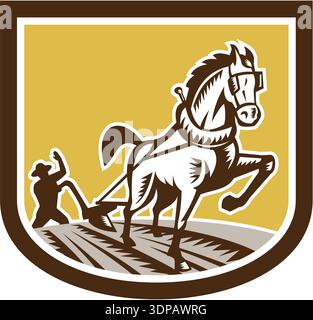 Farmer and Horse Plow Farm Crest Woodcut Retro Stock Photo - Alamy