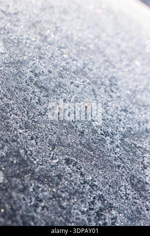 Close-up of frost crystals covering a dark surface, creating a natural winter texture and abstract icy pattern Stock Photo