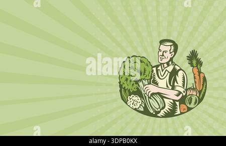 Business card showing illustration of a green grocer, organic farmer ...