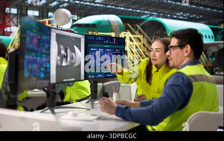 Aerospace Engineers Develop 3D CAD Models On Computer At Warehouse. Stock Photo