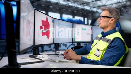 Engineer Monitoring Gas Turbine Efficiency Using SCADA Software At Plant. Stock Photo