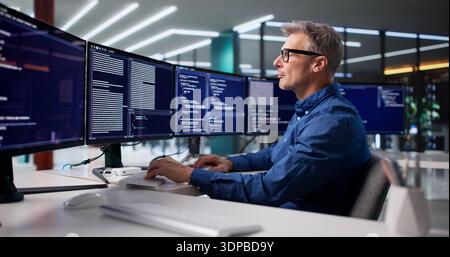 Focused Programmer Develops Cyber Security Software For Business In Office Stock Photo