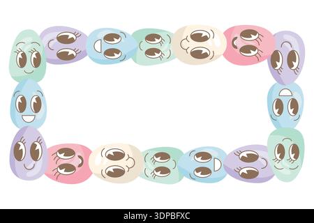 A rectangular frame with colorful Easter eggs with smiley faces. Vector illustration with emoji eggs. Suitable for Easter-themed designs for children. Stock Vector