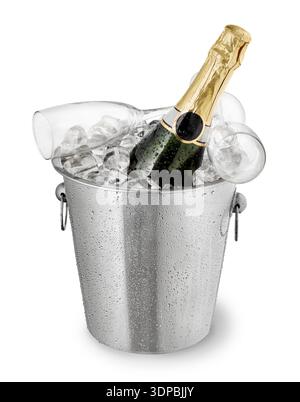 Bottle with two glasses rests in champagne buckets with ice isolated on white Stock Photo