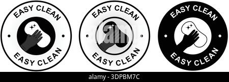 Easy Clean Badge Icon Set in Circular Style. Collection of easy clean labels, cleaning stamp badges, surface care icons with glove wiping symbol for p Stock Vector