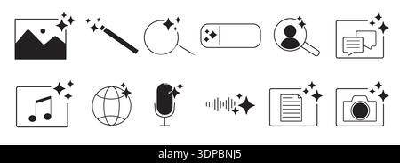 Ai generated audio or media icon set. Ai star sparkle symbol, creative artificial intelligence and machine learning technology concept. Generative AI. music generated, image generate, magic pencil. Vector illustration Stock Vector