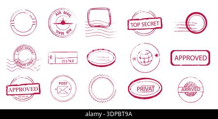 Red stamp set top secret sign, confidential envelope, letter, rubber seal. Stamps with wavy lines, decorative edges. post office marks and envelope designs, vintage. Vector illustration Stock Vector