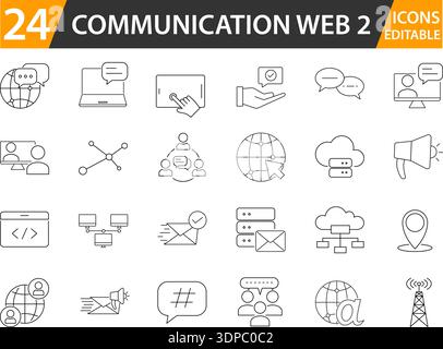 Modern Web Communication Icon Set, Chat, Email, Cloud Network Symbols. Digital Web Communication Icons Pack, Messaging, Connectivity Online Interactio Stock Vector