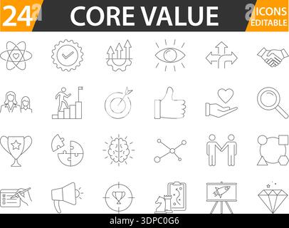 Modern Core Values Icon Set for Corporate Branding. Editable Line Business Values Icons Collection. Company Core Principles Outline Symbol Pack Stock Vector