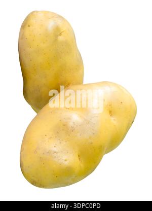 Two tubers of potatoes in stack are isolated on white background with clipping path. Stock Photo