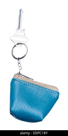 A slilver key in blue keychain is isolated on white backgroound with clipping path. Stock Photo