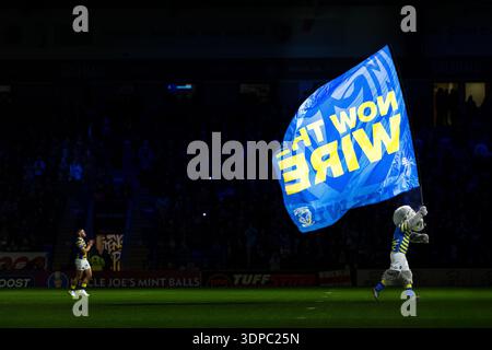 Warrington Wolves mascot Wolfie runs with the club flag during Round One Betfred Super League v St Helens, Halliwell Jones Stadium, Warrington, 15 Feb Stock Photo