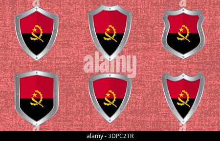 Vector set of metal shields with the Angolan flag and shadow Stock Vector