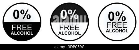 0% Free Alcohol Round Label Set with Black and White Certification Badge Icons for Product Packaging Stock Vector