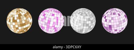 Colorful disco balls in pink purple gold silver shades with shiny mirror tiles and light reflections. Vector illustration isolated for party poster Stock Vector