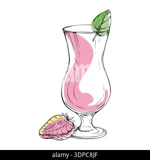 Vector Strawberry Daiquiri cocktail, berry milkshake in hurricane glass with mint leaf garnish. Creamy pink swirl, outline hand drawn in ink. For bar Stock Vector
