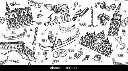 Horizontal vector banner, Venice theme, black and white doodle style Stock Vector