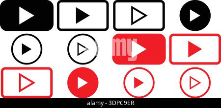 Media Play Button Icon Set for Video Streaming Apps, Online Players, Web UI Controls and Social Media Platforms Stock Vector