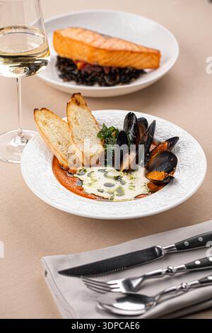 plate of salmon with mussels Stock Photo - Alamy