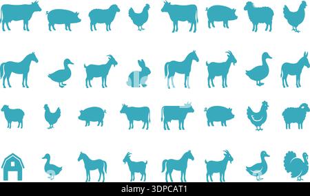 Black silhouette vector set of farm and wild animals icons including dog, horse, elephant, cow, cat, lion, tiger, giraffe, deer, goat and bird Stock Vector