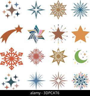 Set of vector snowflakes and stars in gold and red seamless holiday pattern design Stock Vector