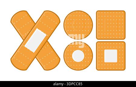 Collection of Medical Adhesive Plasters with Brown Outline Vector Illustration. Suitable for Medical Supplies, First Aid, and Pharmaceuticals. Stock Vector