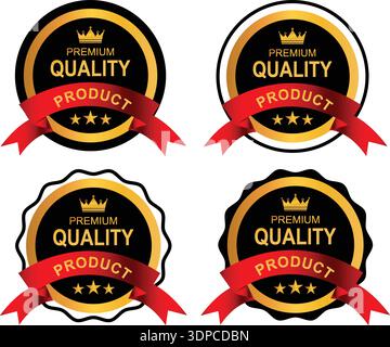 Premium Quality Product Badge Collection with Gold Crown, Red Ribbon and Star Rating – Luxury Guarantee Seal, Award Label, Certification Stamp Vector Stock Vector