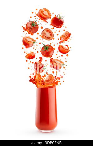 Red fresh tomato juice in glass with flying tomato slices, bright splashing, explosion drops, dynamic swirl, isolated. Healthy vitamin drink for detox Stock Photo