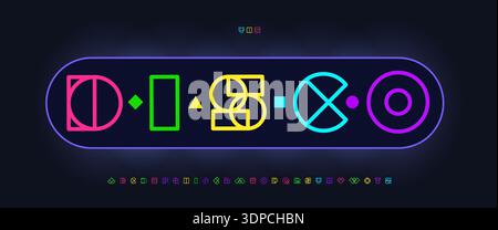 Outline Colorful Font, Modular Capsule Alphabet, Geometric Shapes Letters, Vibrant Neon Typography, Arcade Game Logo, Creative Disco Headline Stock Vector