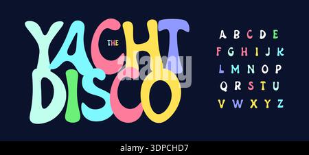 Wavy witty font logo alphabet disco party drunk typography, rounded funky lettering for trippy title text, kids birthday, wave logo, wave headline Stock Vector