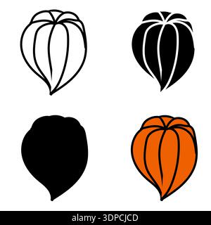 Physalis flower in four different styles: doodle, black and white silhouette, black silhouette, and cartoon. Vector illustration isolated on a white b Stock Vector