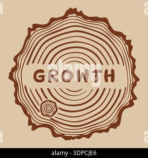 Tree ring cross section emblem with growth text and wood grain lines in brown tones Stock Vector
