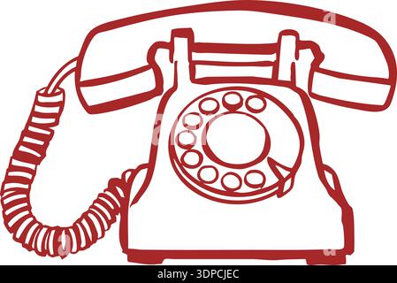Red line drawing of a rotary dial telephone with handset and coiled cord Stock Vector