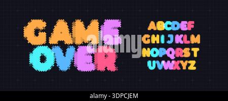 Game Over Font Logo Alphabet Y2K Pixel Letter Set Modern Typography, Arcade Typographic Design for Title Text, Gaming Typo Headline, Old Computer Type Stock Vector