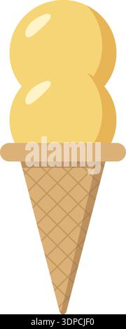 Flat illustration of a vanilla ice cream scoop on a waffle cone in soft yellow tones Stock Vector