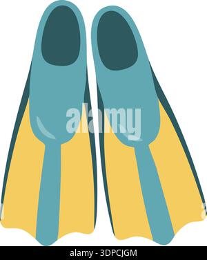 Flat illustration of a pair of swim fins in yellow and blue tones with rounded foot pockets Stock Vector